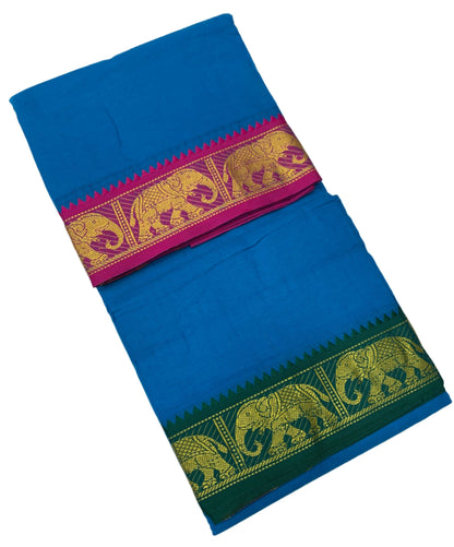 9X5 Cotton Dhoti Sky Blue Colour with Pink and Green Border