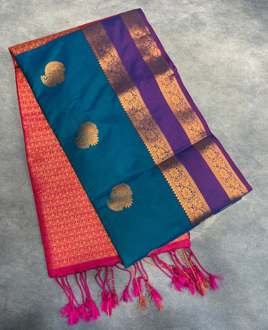 Soft Vegan Silk Saree Peacock Green Colour with Rettai Pettu Border