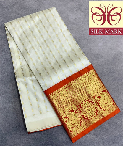 Ivory Shade Pure Kanchipuram Kids Pattu Pavadai with Contrast Border for age 2 to 5
