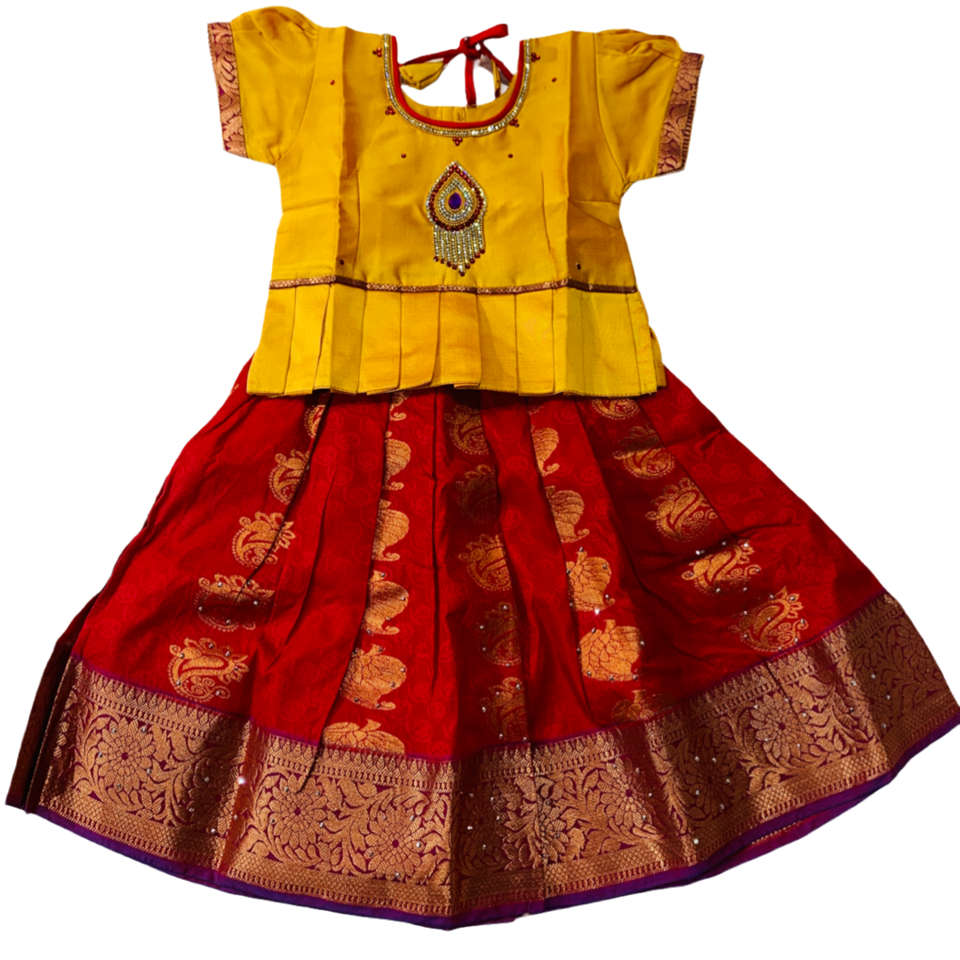 Ready To Wear Maroon Pavadai with contrast Golden Blouse