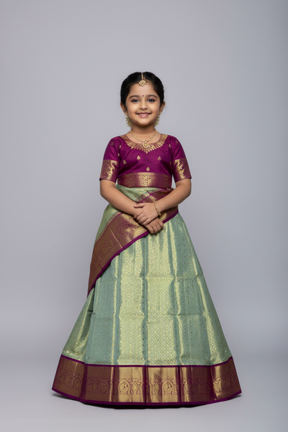 Apple Green Shade Pure Kanchipuram Kids Pattu Pavadai with Contrast Border for age 5 to 10