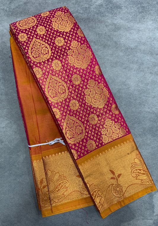 Vegan Silk Saree Pink Colour with Golden Yellow Border