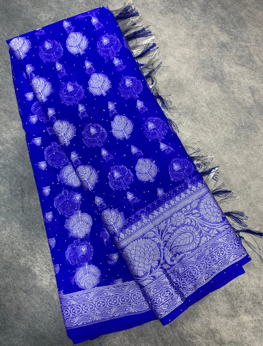 Georgette Saree Blue Colour with Sliver Floral Design Border