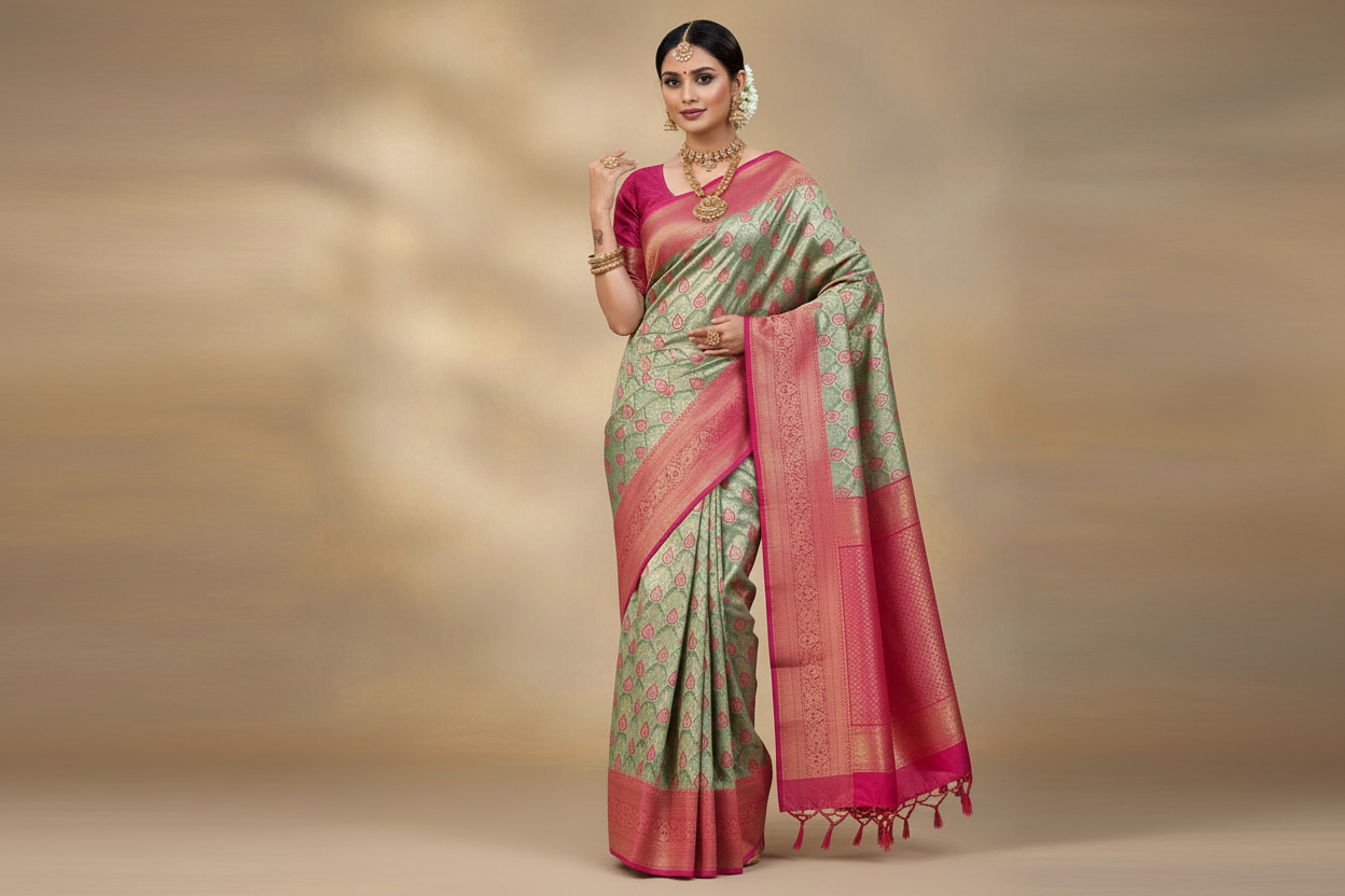 Fancy Tissue Saree Gray Colour with Pink Border