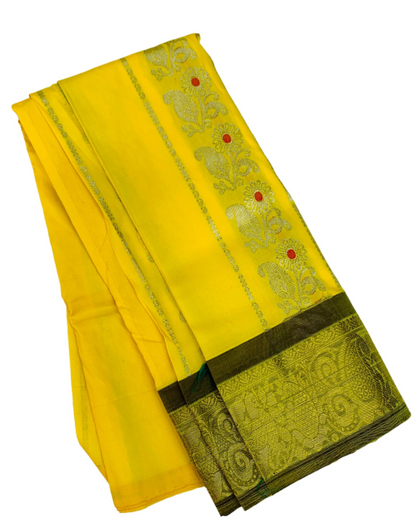 Yellow shade Semi silk Kids Pattu Pavadai with contrast border for age 2 to 5