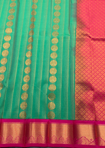 Vegan Silk Saree Emerald Green Colour Saree with Pink Colour Contrast Border