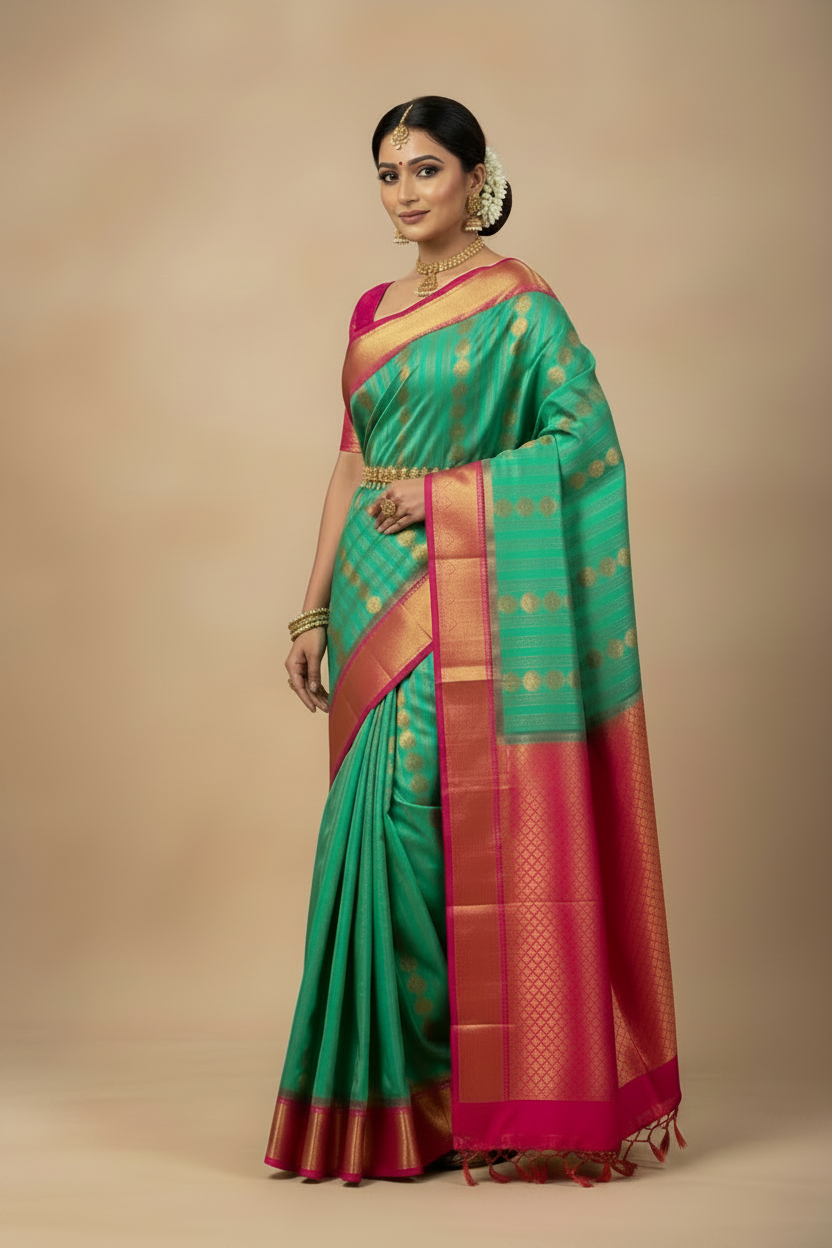 Vegan Silk Saree Emerald Green Colour Saree with Pink Colour Contrast Border