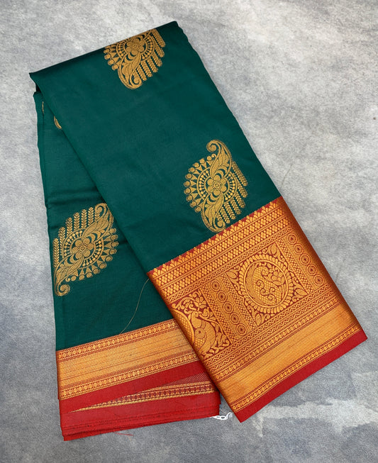 Soft Silk Casual Saree Green Colour with Red and Golden Colour Border