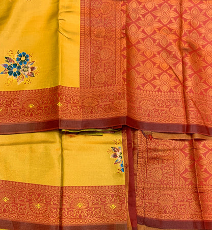 Fancy Tissue Saree Mustard Colour with Maroon Border