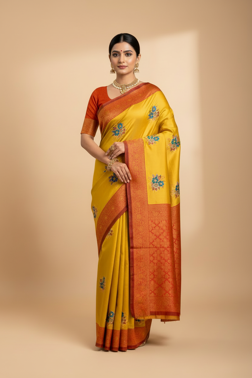 Fancy Tissue Saree Mustard Colour with Maroon Border