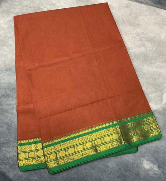 Chettinad Cotton Saree Brown Colour with Light Green Colour with Zari Work Border
