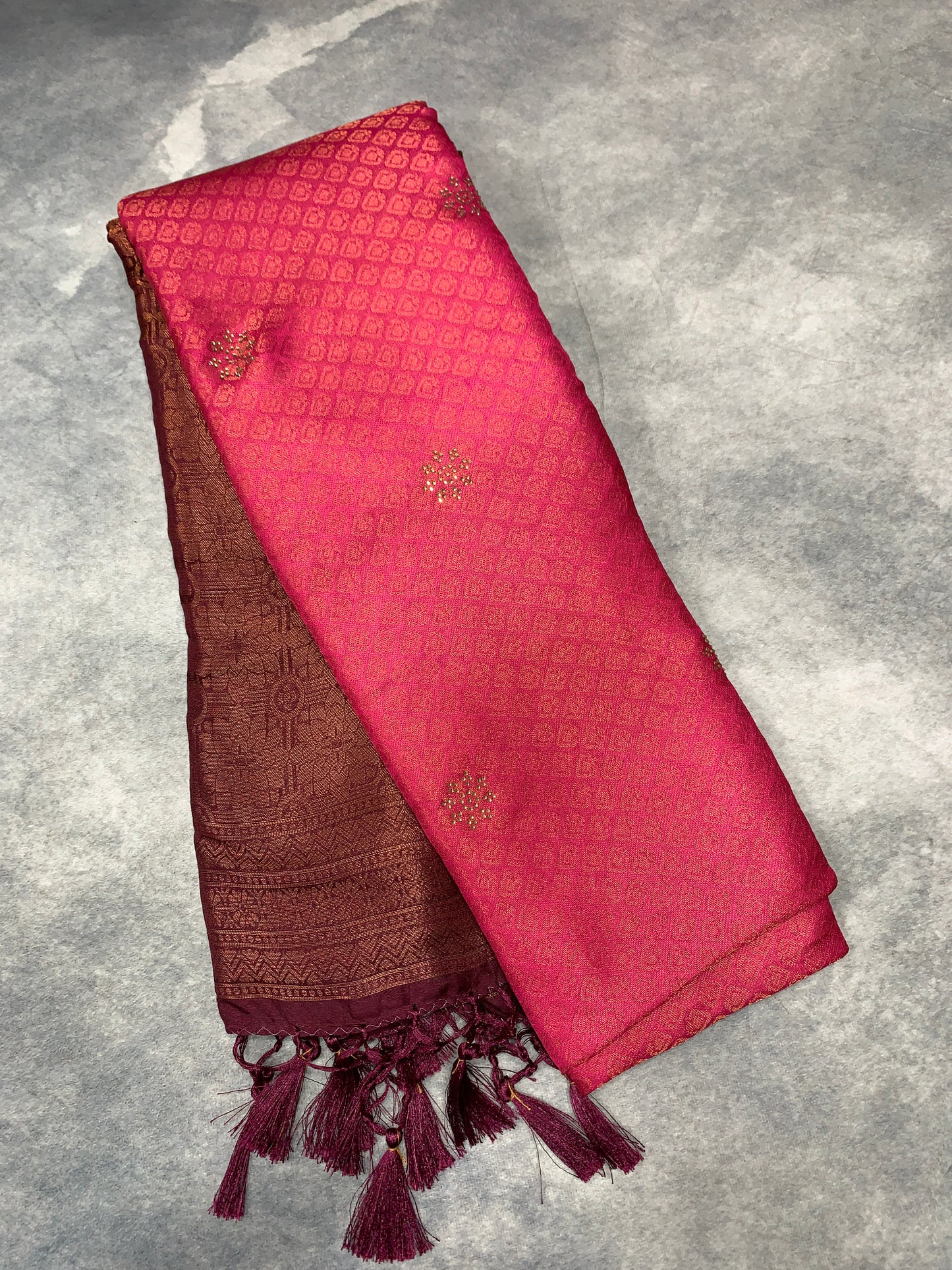Soft Silk Saree Tomato Pink Colour and Stone Work with Brown Colour Pallu