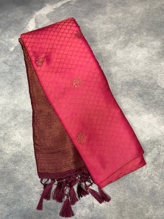Soft Silk Saree Tomato Pink Colour and Stone Work with Brown Colour Pallu