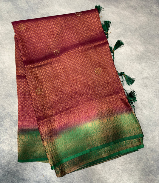 Soft Silk Saree Beetroot Pink Colour and Stone Work with Green Colour Pallu