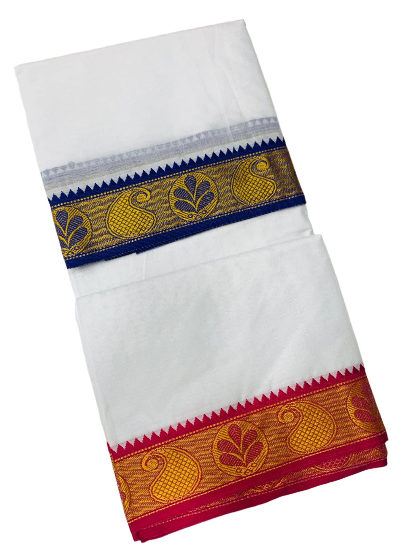 9X5 Cotton Dhoti White Blue and Red Border with Angavastram