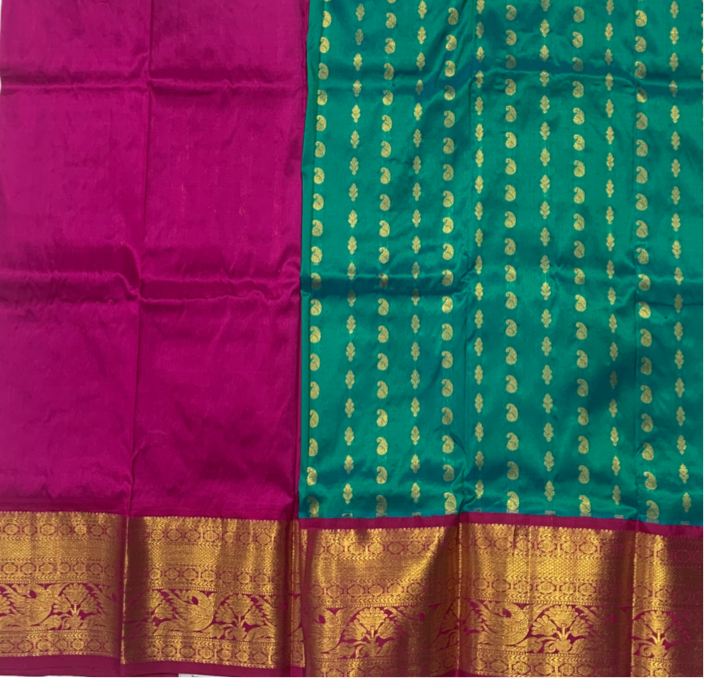 Green shade Pure Kanchipuram Kids Pattu Pavadai with contrast border for age 5 to 10