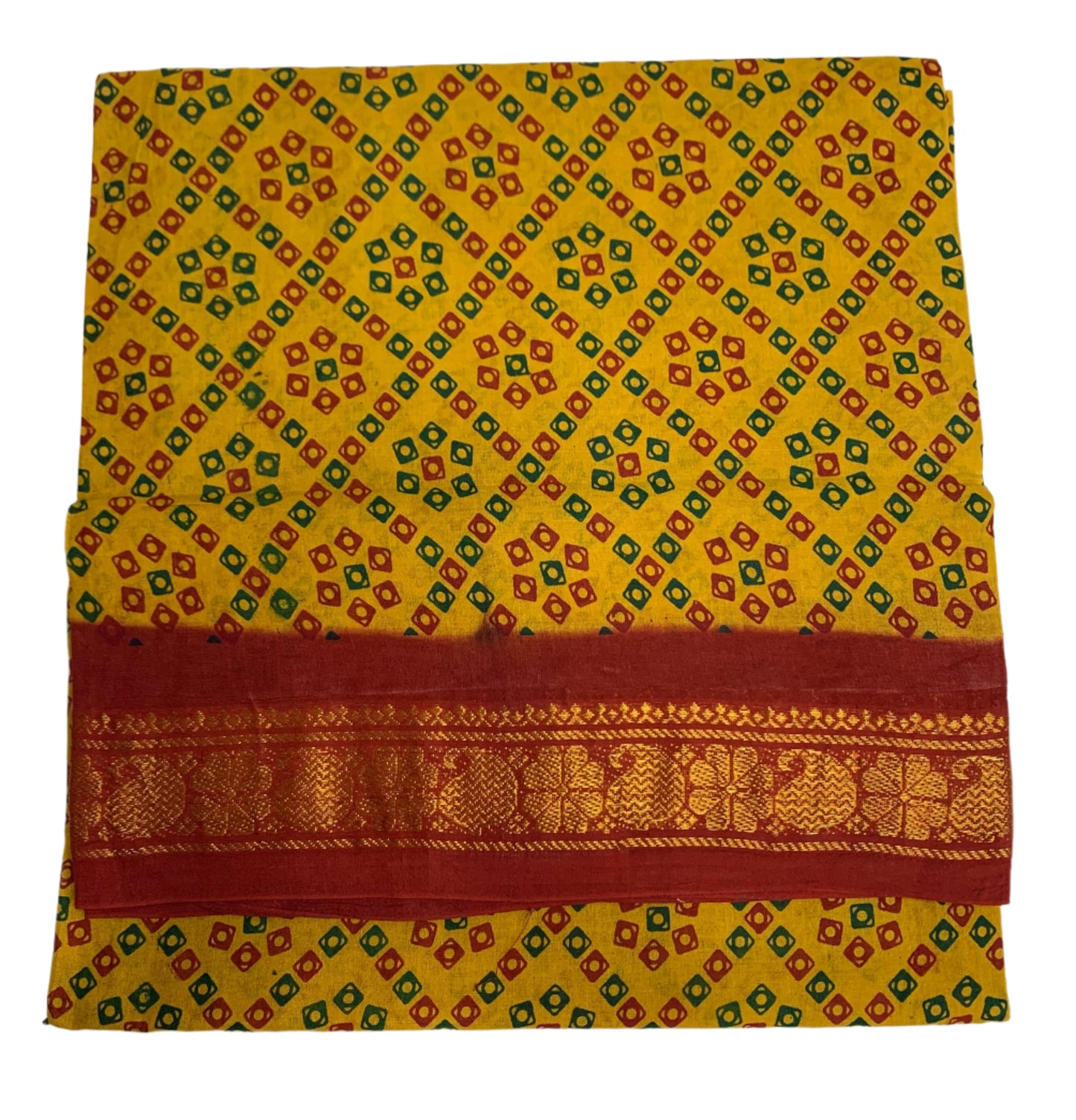 Chettinad Sungudi Cotton Mustard Colour with Red Colour Border