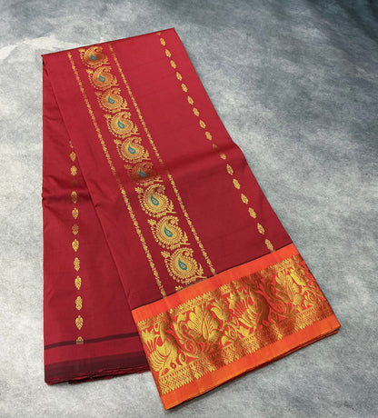Maroon shade Semi Silk Kids Pattu Pavadai with Contrast border for age above 10 years