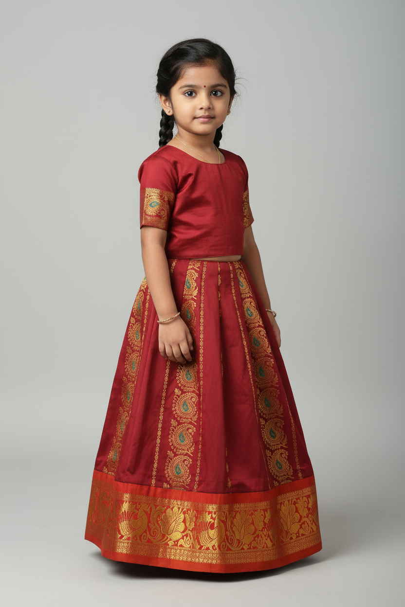 Maroon shade Semi Silk Kids Pattu Pavadai with Contrast border for age above 10 years