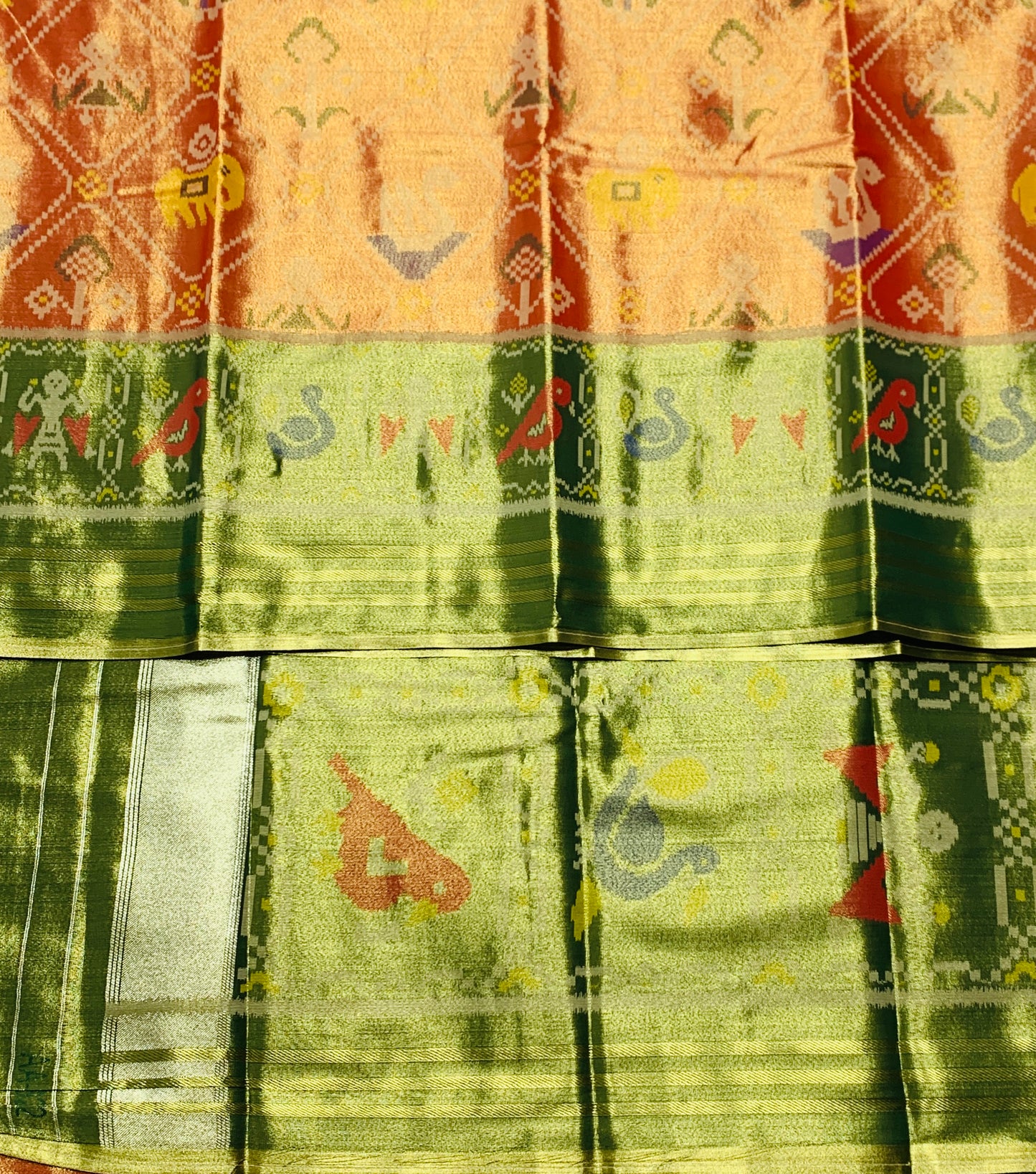 Pochampalli Tissue Silk Saree Golden Orange Colour with Golden Green Border