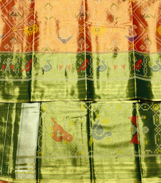 Pochampalli Tissue Silk Saree Golden Orange Colour with Golden Green Border
