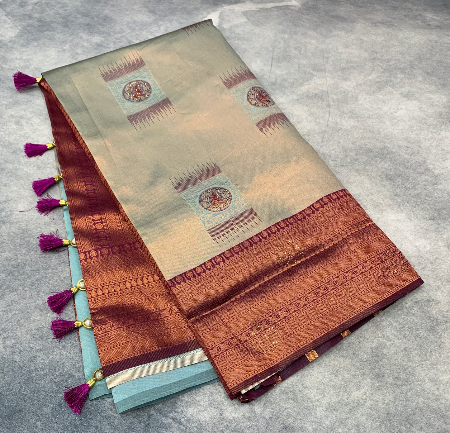 Art Silk Saree Light Gray Colour and Stone Work with Magenta Border