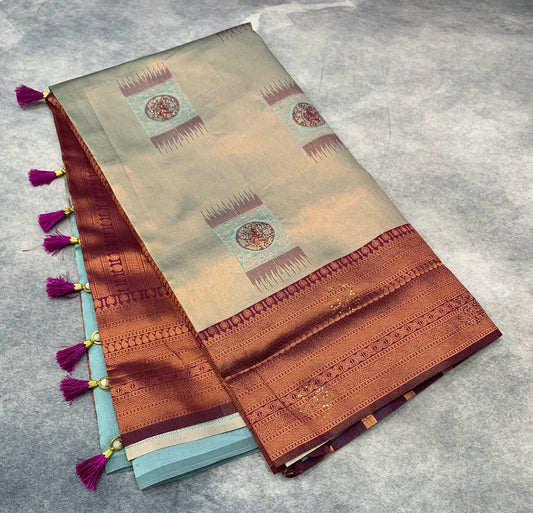 Art Silk Saree Light Gray Colour and Stone Work with Magenta Border