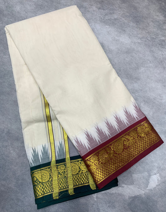 Korvai Cotton Dhoti Half White Colour with Maroon and Green Border