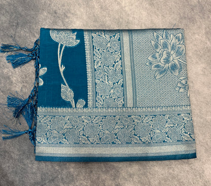 Soft Silk Casual Saree Rama Blue Colour with Sliver Colour Border