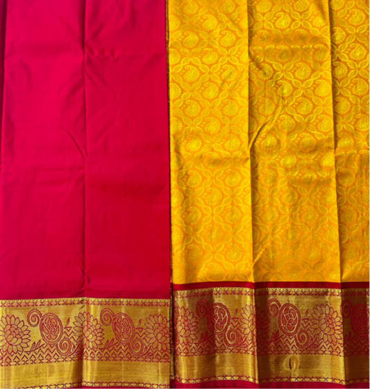 Yellow shade Vegan silk Kids Pattu Pavadai with contrast border for age 5 to 10