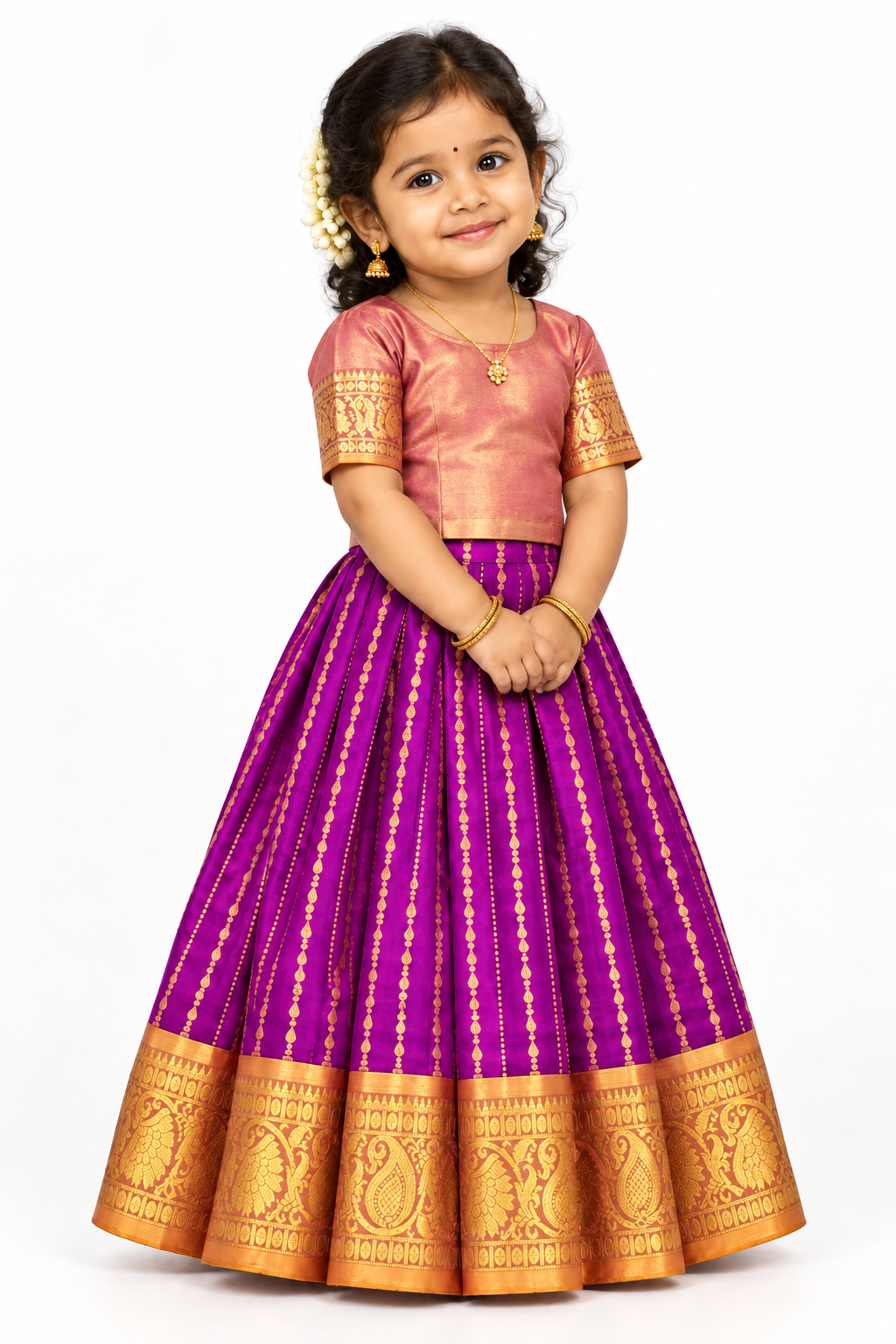 Purple Shade Pure Kanchipuram Kids Pattu Pavadai with Contrast Border for Newborn to 2 Years