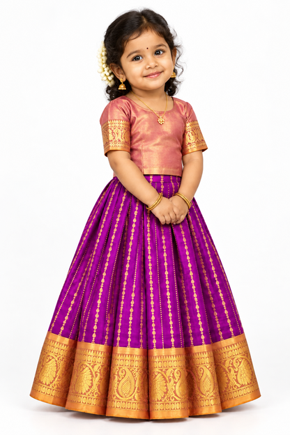 Purple Shade Pure Kanchipuram Kids Pattu Pavadai with Contrast Border for Newborn to 2 Years