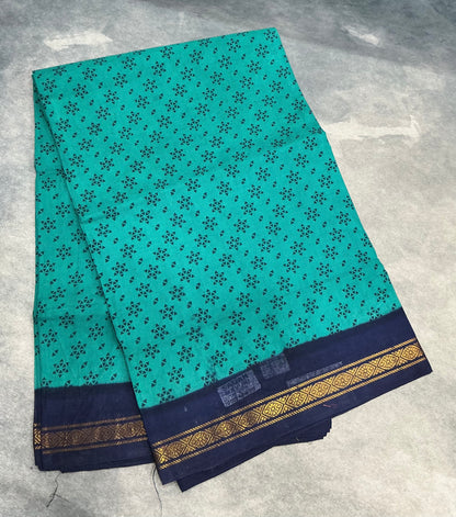 Chettinad Sungudi Cotton Rama Green Colour with Navy Blue Colour Border