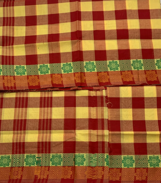 Chettinad Cotton Saree Yellow and Red Colour with Checked Design