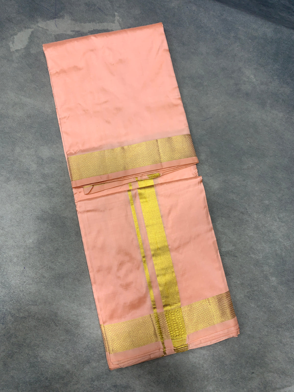 9X5 Pure Silk Dhoti Peach Colour with Medium Golden Zari Border