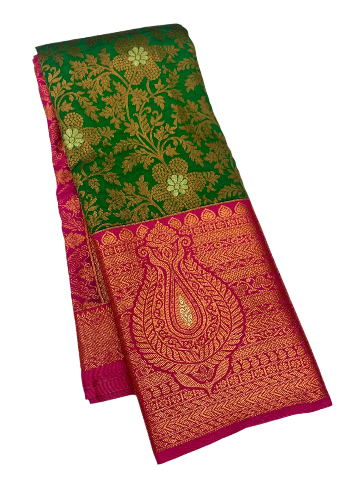 Vegan Silk Saree Green shade with Pink Border