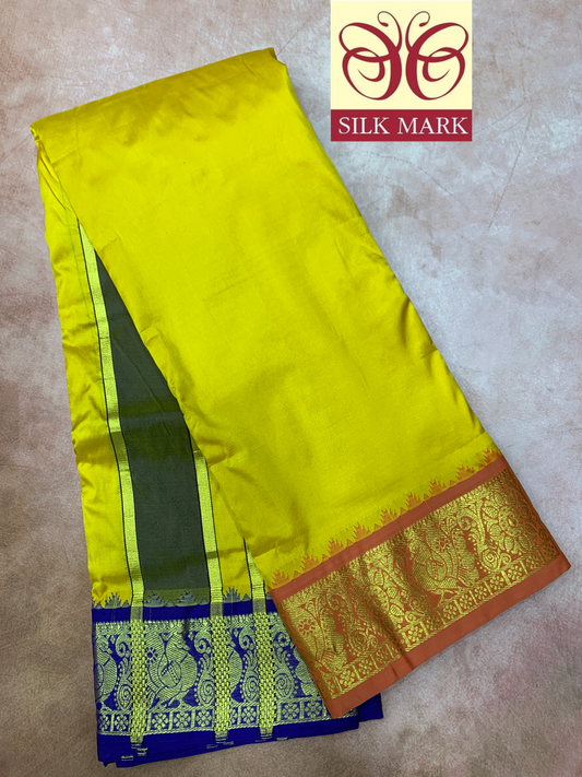 9X5 Pure Silk Dhoti Mustard Colour with Orange and Blue Ganga Jamuna Border