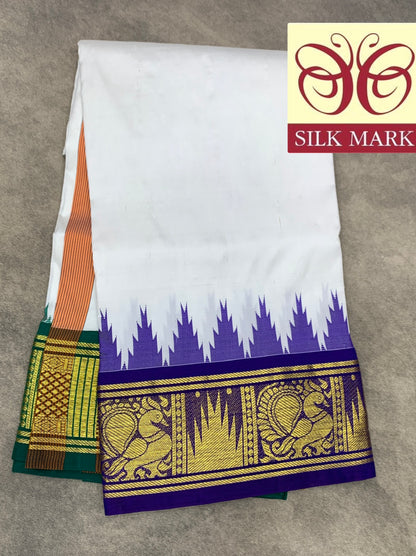 6 Mulam Silk Pooja Towel White Colour with Ganga Jamuna Korvai Border