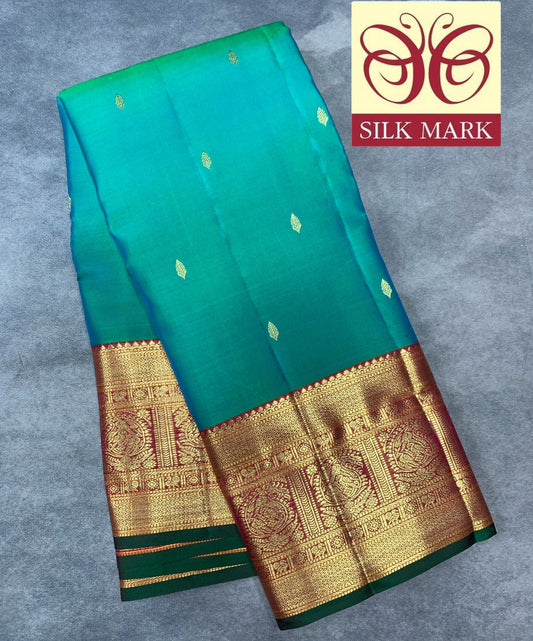 Pure Kanchipuram Silk Sapphire Colour with Red and Golden Zari Border