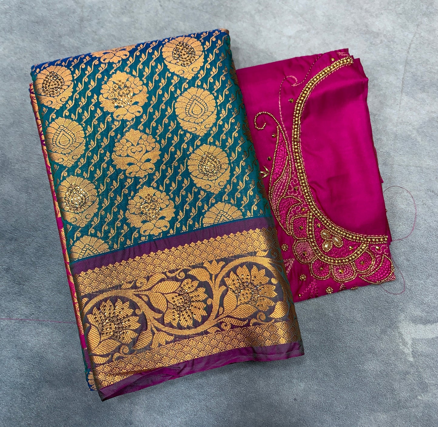 Bridal Vegan Silk Saree Peacock Blue shade with Purple Border with Unstitched blouse in Aari Work