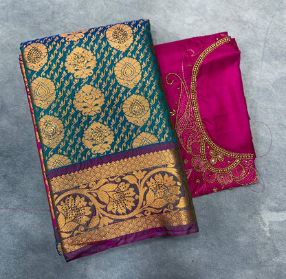 Bridal Vegan Silk Saree Peacock Blue shade with Purple Border with Unstitched blouse in Aari Work