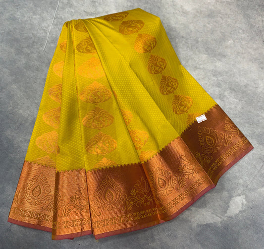 Vegan Silk Saree Mustard Colour Saree with Copper Border