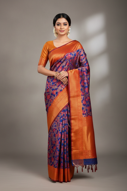 Art Silk Saree Blue Colour with Butterfly Design
