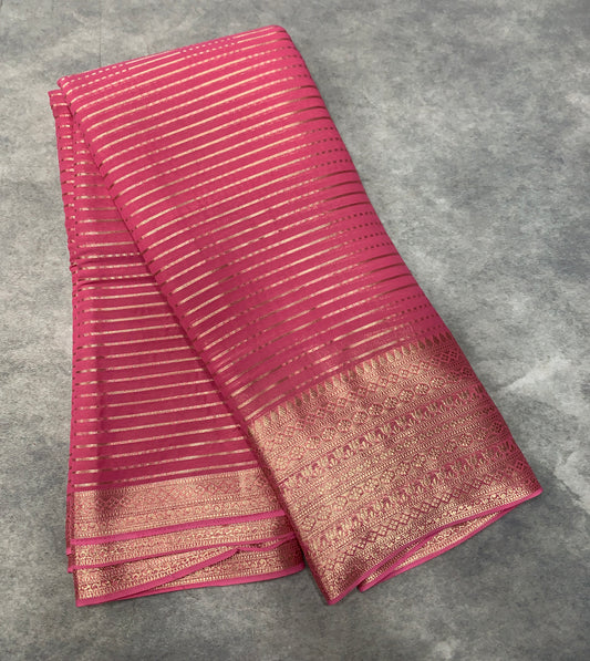 Georgette Saree Baby Pink Colour with Sliver Floral Design Border
