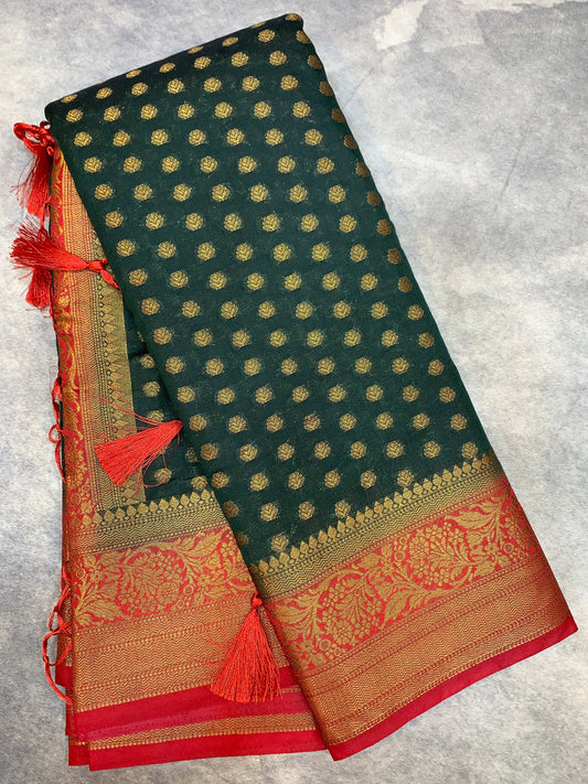 Crepe Saree Green Colour with Red Border
