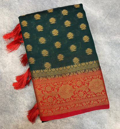 Crepe Saree Green Colour with Red Border