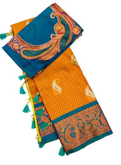 Bridal Vegan Silk Saree Golden Yellow shade with Rama Green Border with Unstitched blouse in Aari work