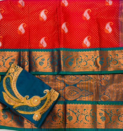 Bridal Vegan Silk Saree Red shade with Rama Blue Border with Unstitched blouse in Aari work