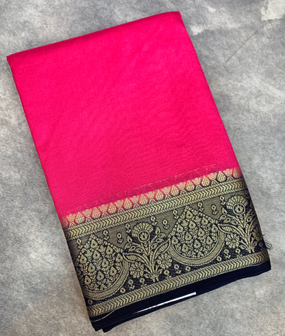 Crepe Saree Baby Pink Colour with Navy Blue Border