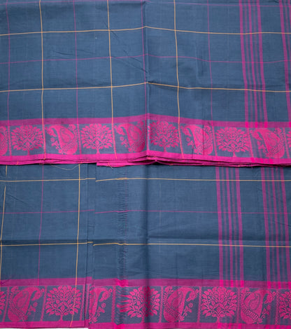 Chettinad Cotton Saree Navy Blue Colour with Pink Border